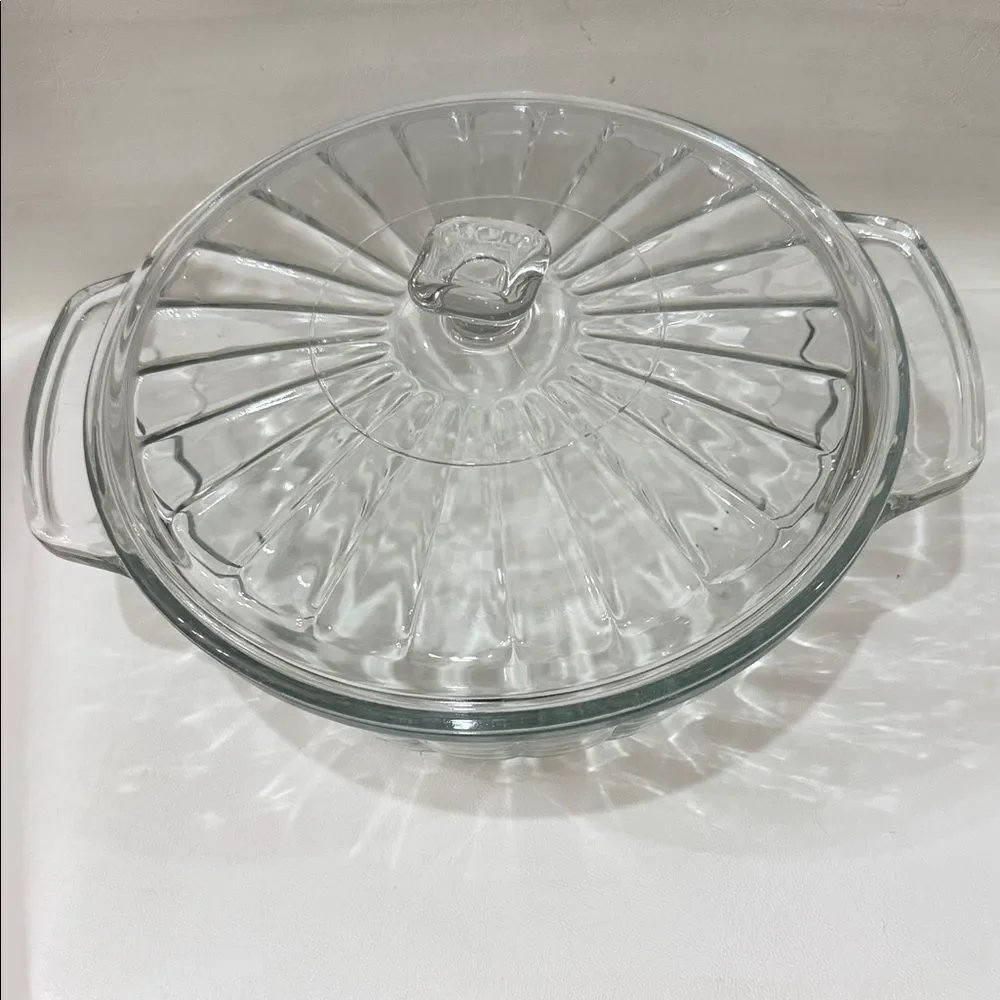 Anchor Hocking 2 Qt Glass Round Ribbed Baking Dish & Lid Handles 9X4 In Vintage